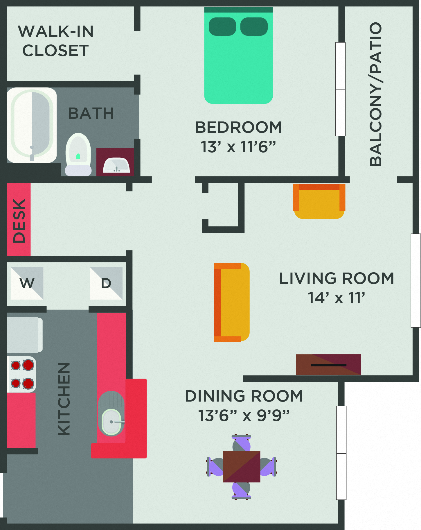 Floor plan for 1 bed, 1 bath, 844 sqft